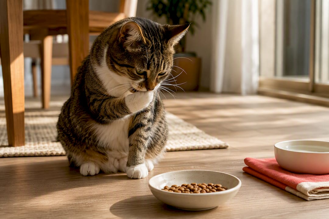 Cat hesitating beside untouched hard food
