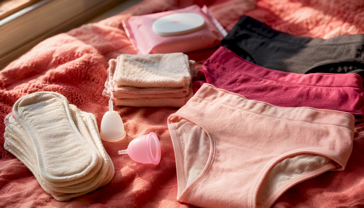 Variety of menstrual care products on pink fabric