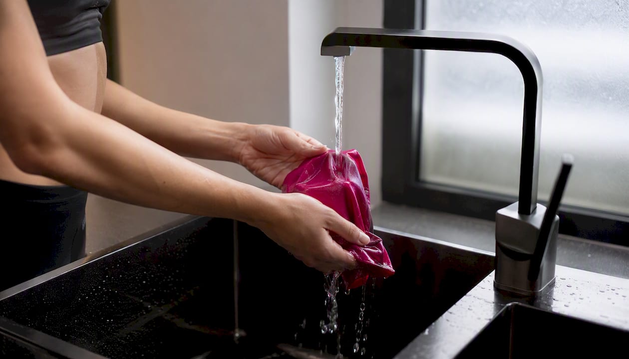 Hand rinsing pink period underwear in sink