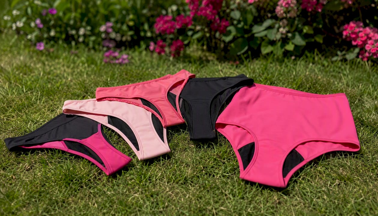 Various period underwear styles laid out flat