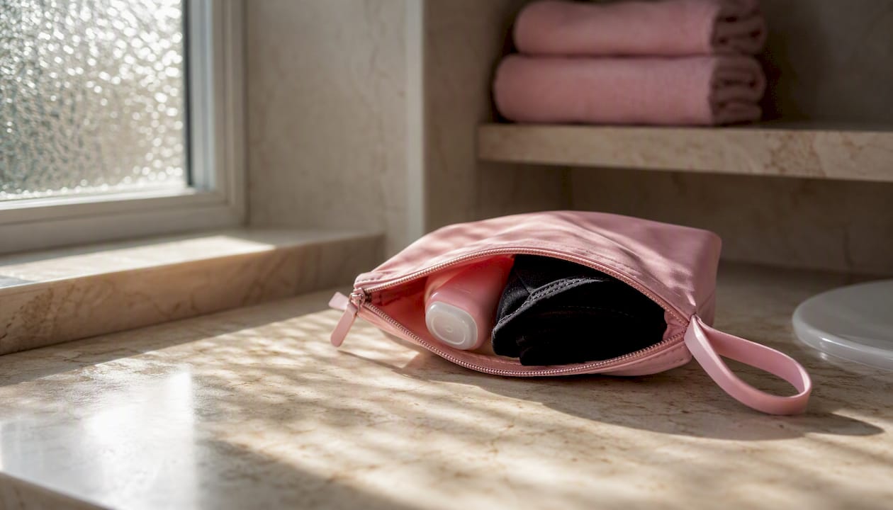 Travel wet bag with rinse bottle and period underwear