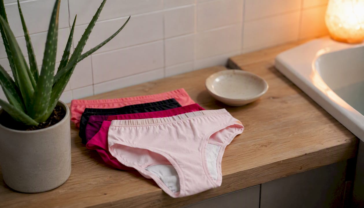 Folded period underwear with skin cream nearby