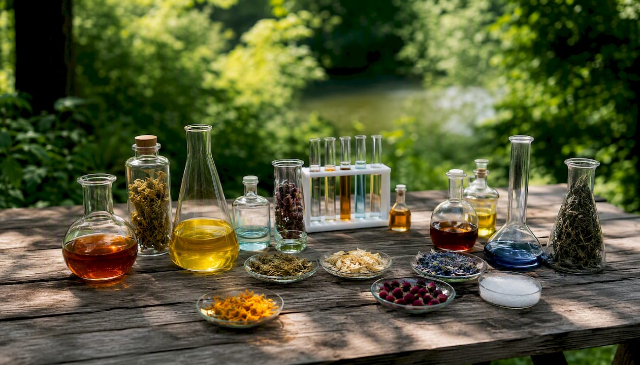 Laboratory glassware and powders representing allergens