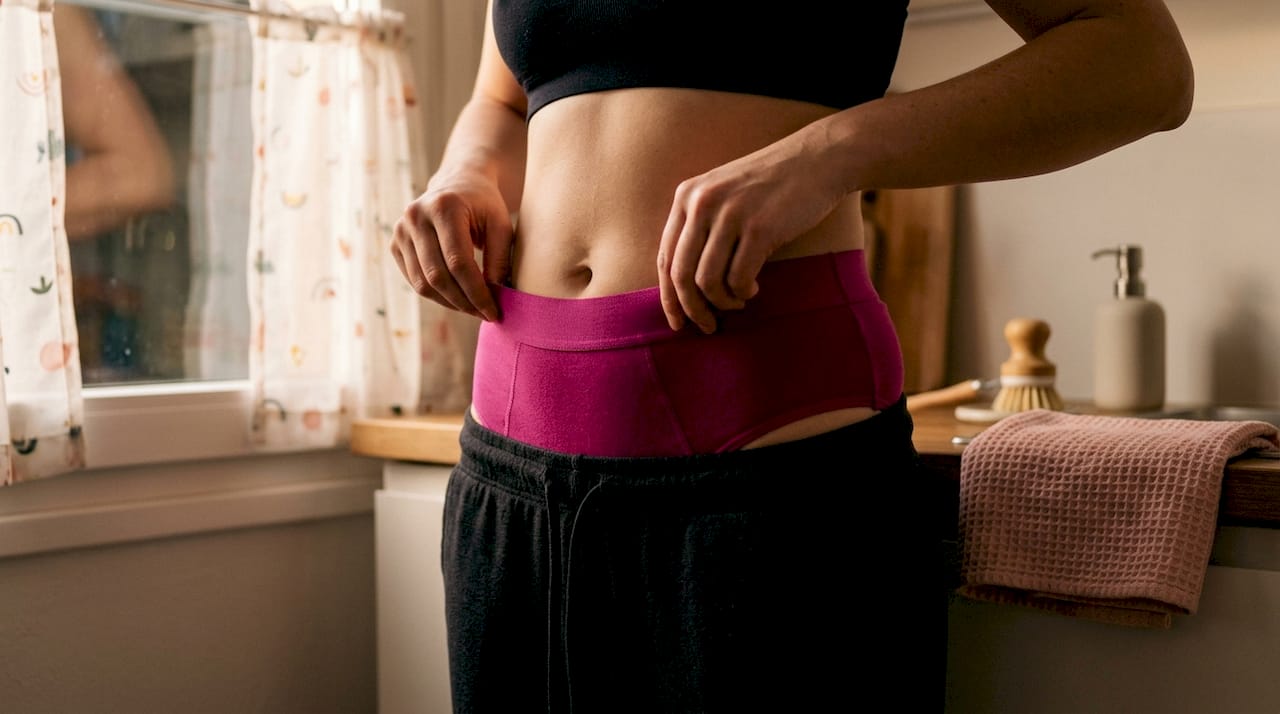 Woman adjusting period underwear fit