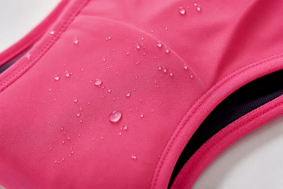 Water droplets beading on period underwear fabric