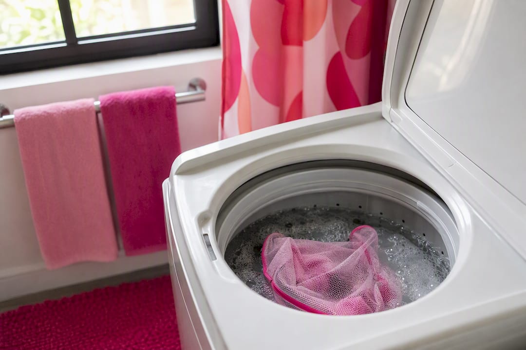 Mesh bag with underwear inside washing machine for stripping wash