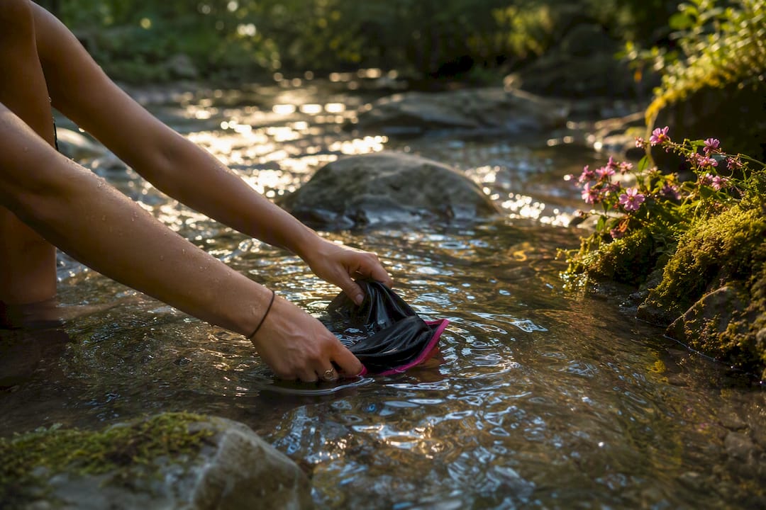 Hands washing period underwear in stream