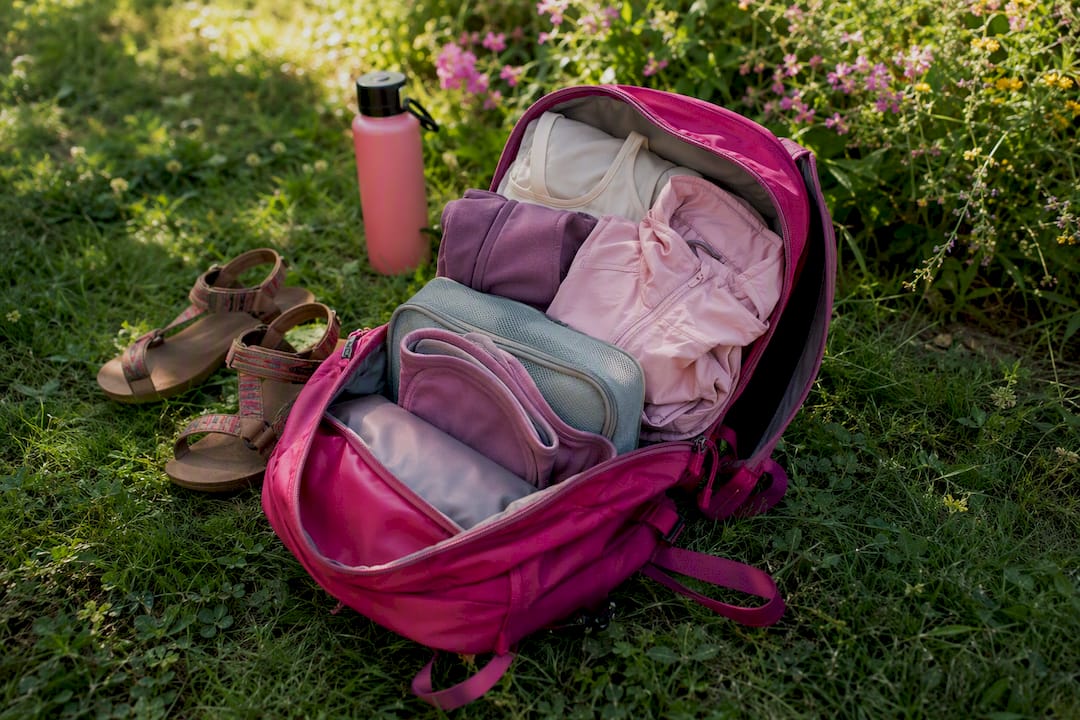 Packed backpack with lightweight travel clothes and accessories