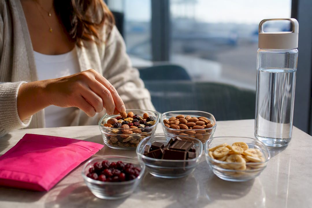 Nutritious travel snacks and water bottle