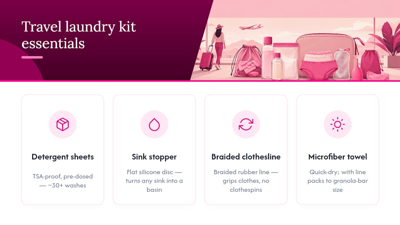 Four components of a compact travel laundry kit