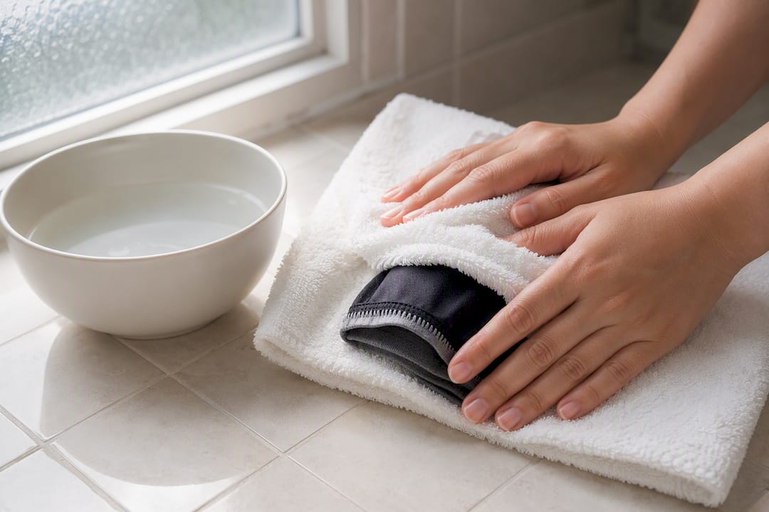 Hands pressing absorbent fabric in towel