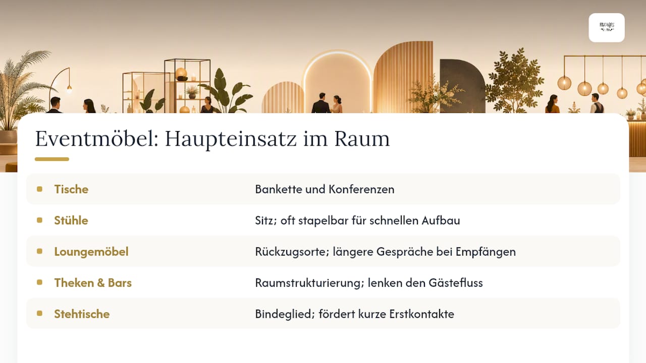 Übersicht der fünf Kategorien von Eventmöbeln