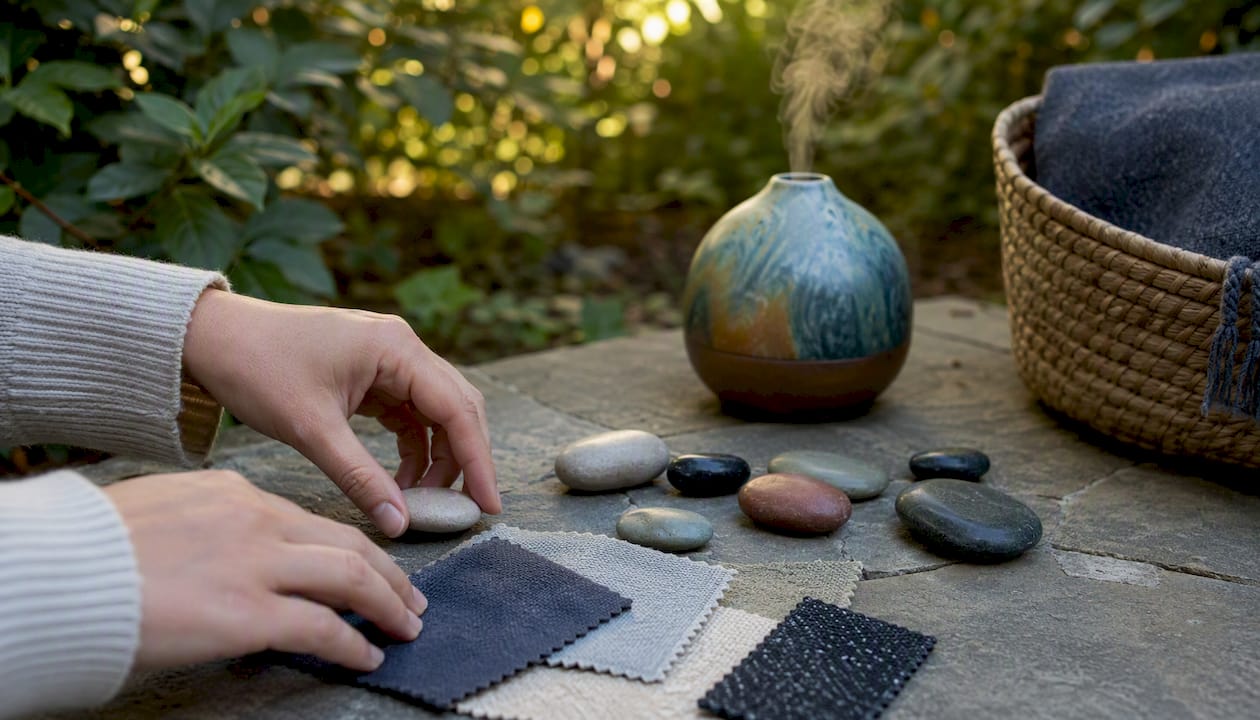 Hands arranging sensory stones and fabrics