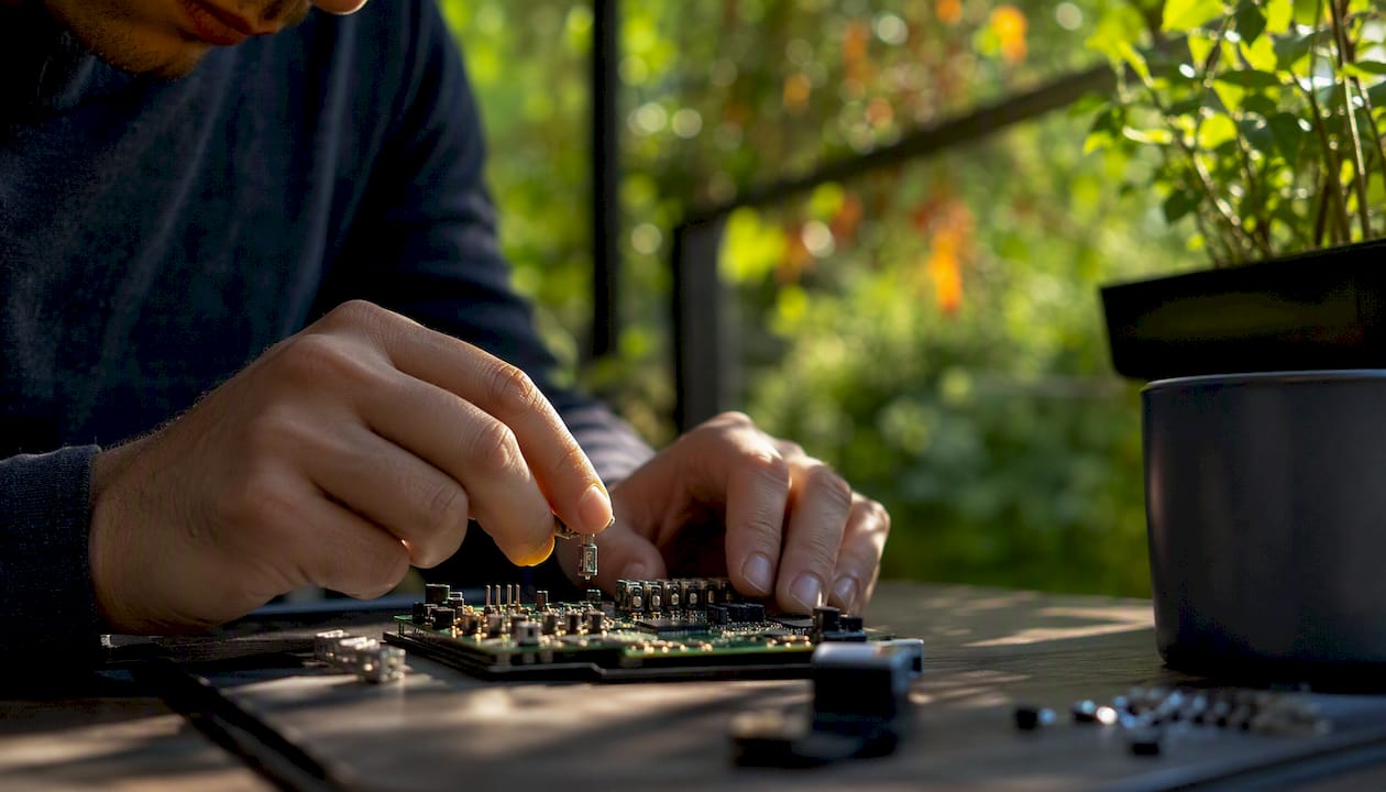 Hands assembling miniature circuit model