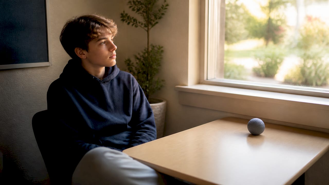 Student looking away listening in classroom