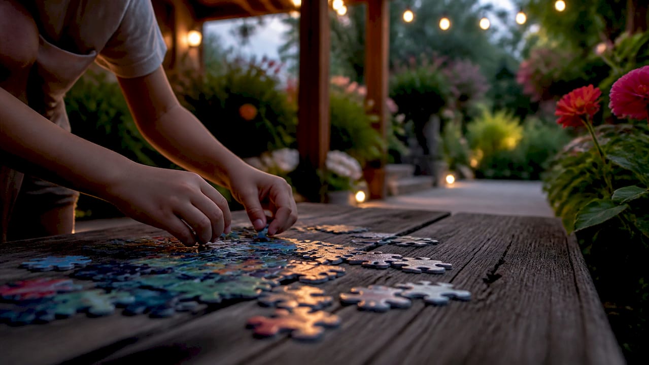 Child hands assembling puzzle pieces