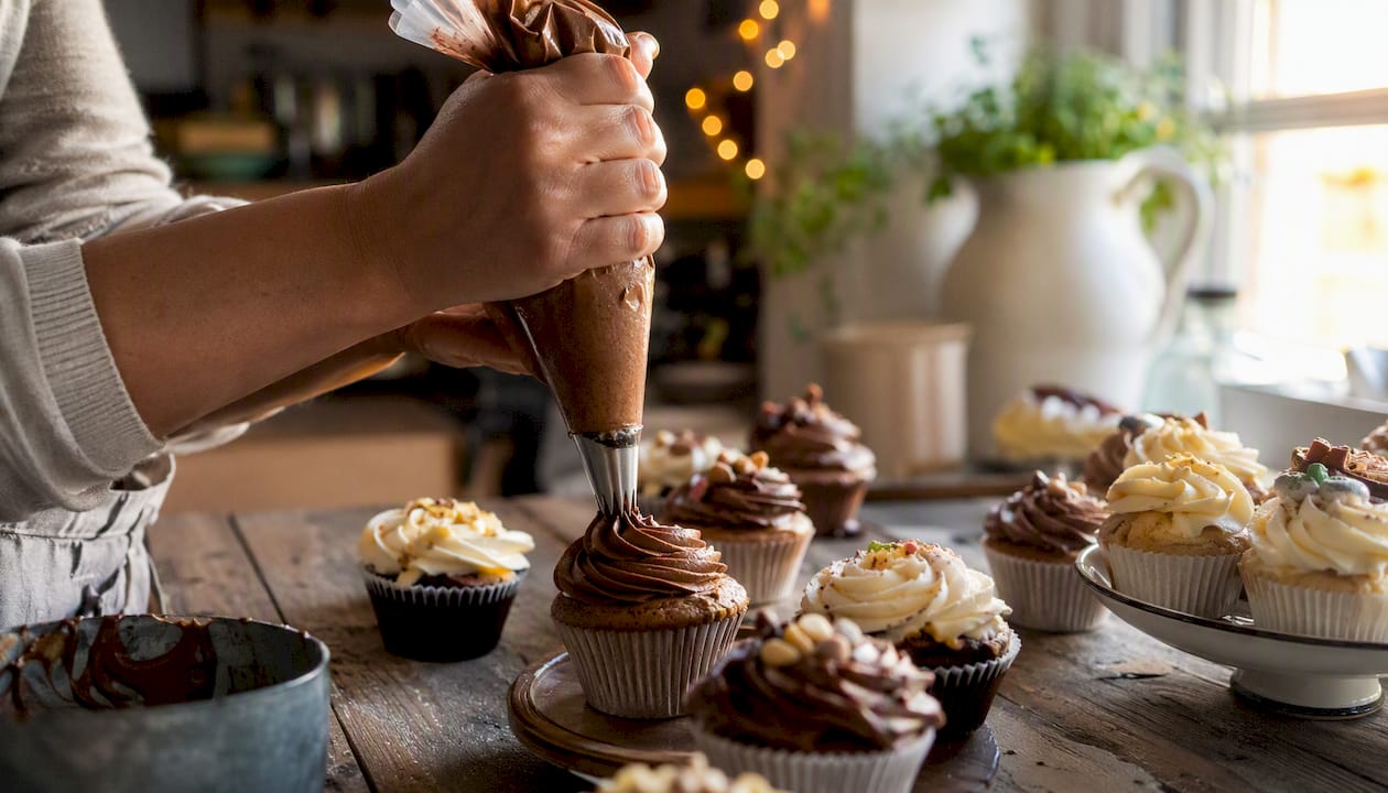 Hands piping frosting on cupcakes