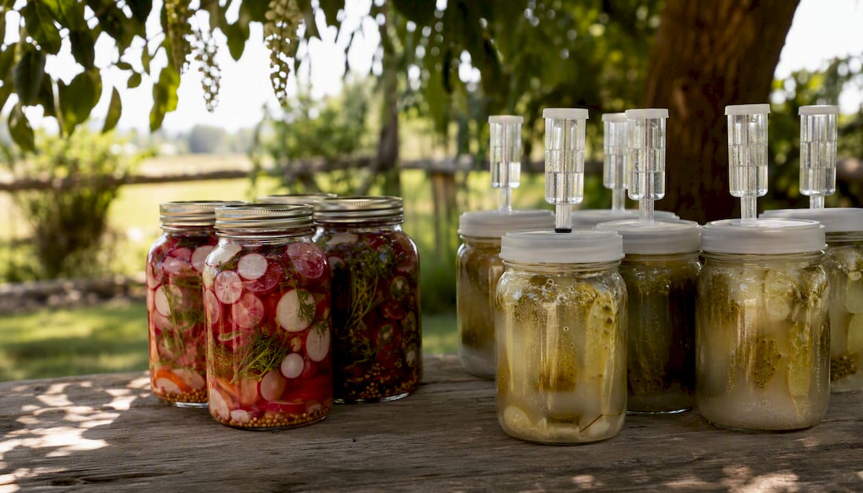 Jars of acidified and fermented pickles side by side