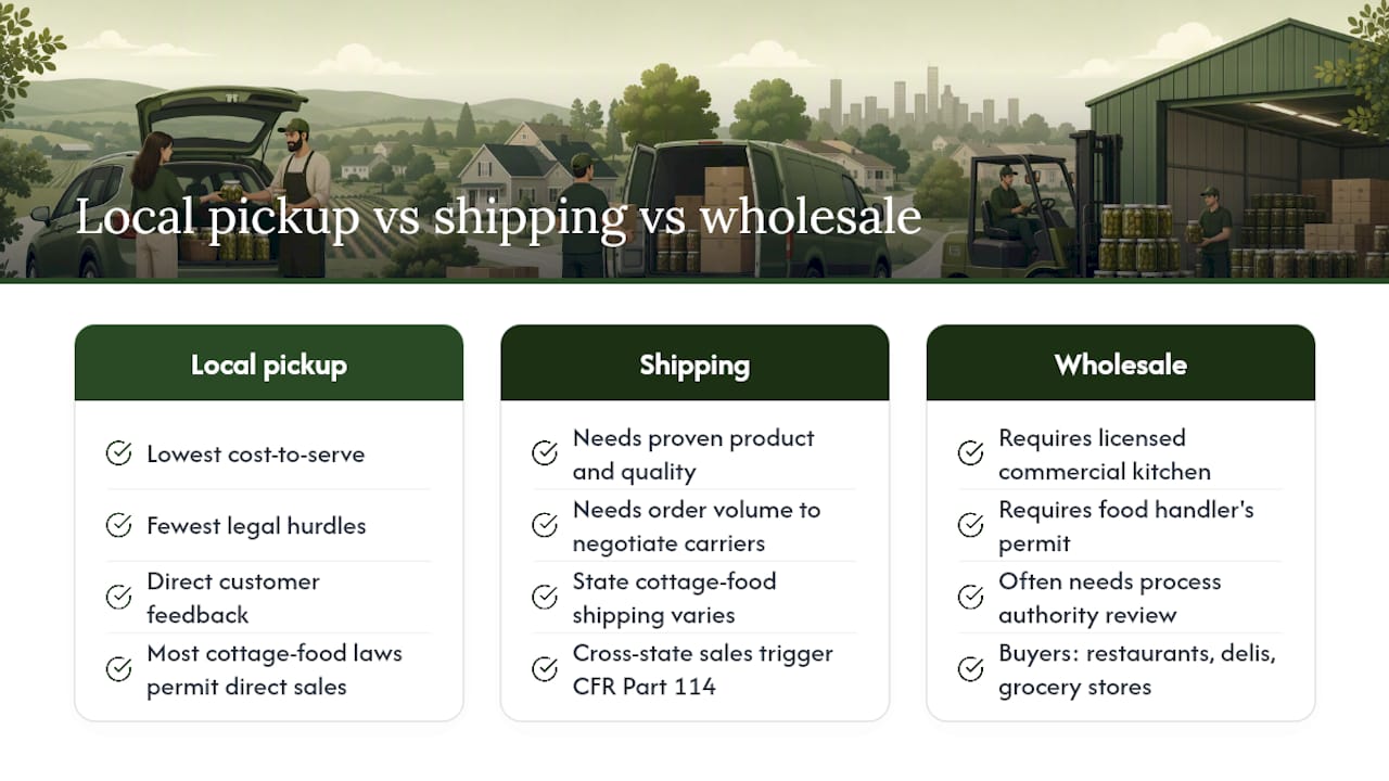Comparison diagram of local pickup, shipping, and wholesale methods