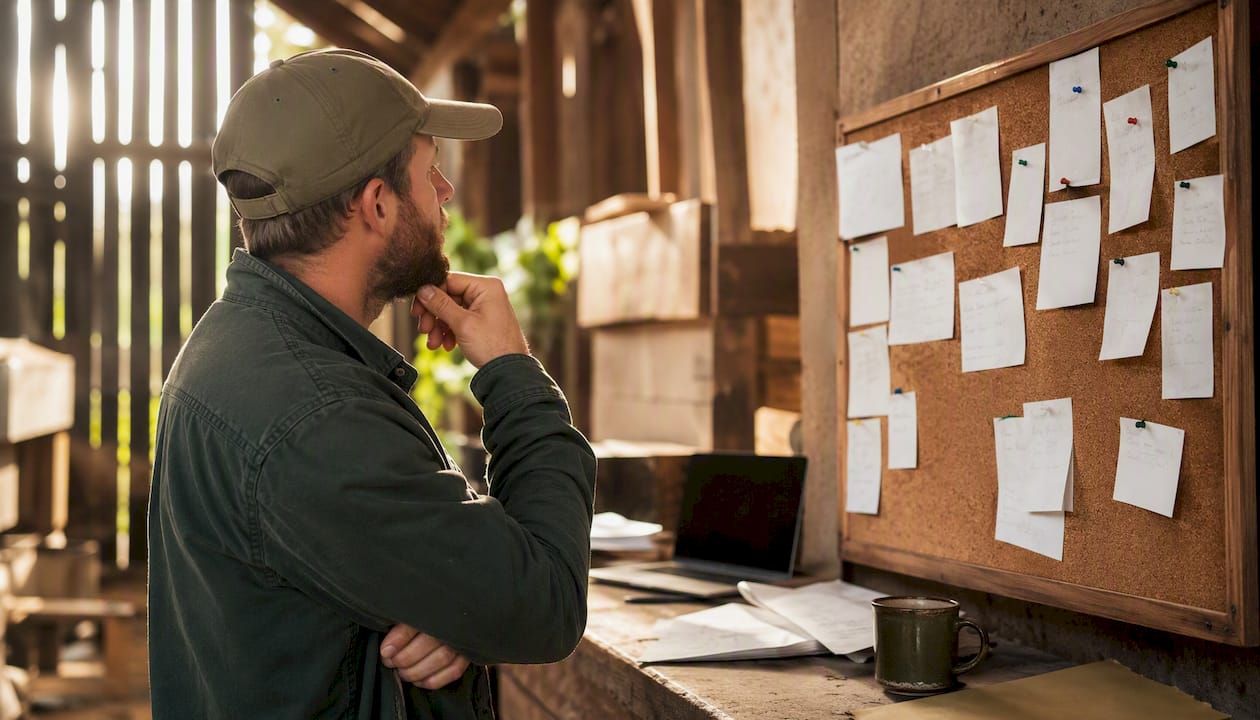 Farmer reviewing feedback notes at desk