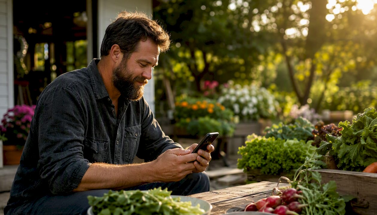 Farmer replying to review on smartphone