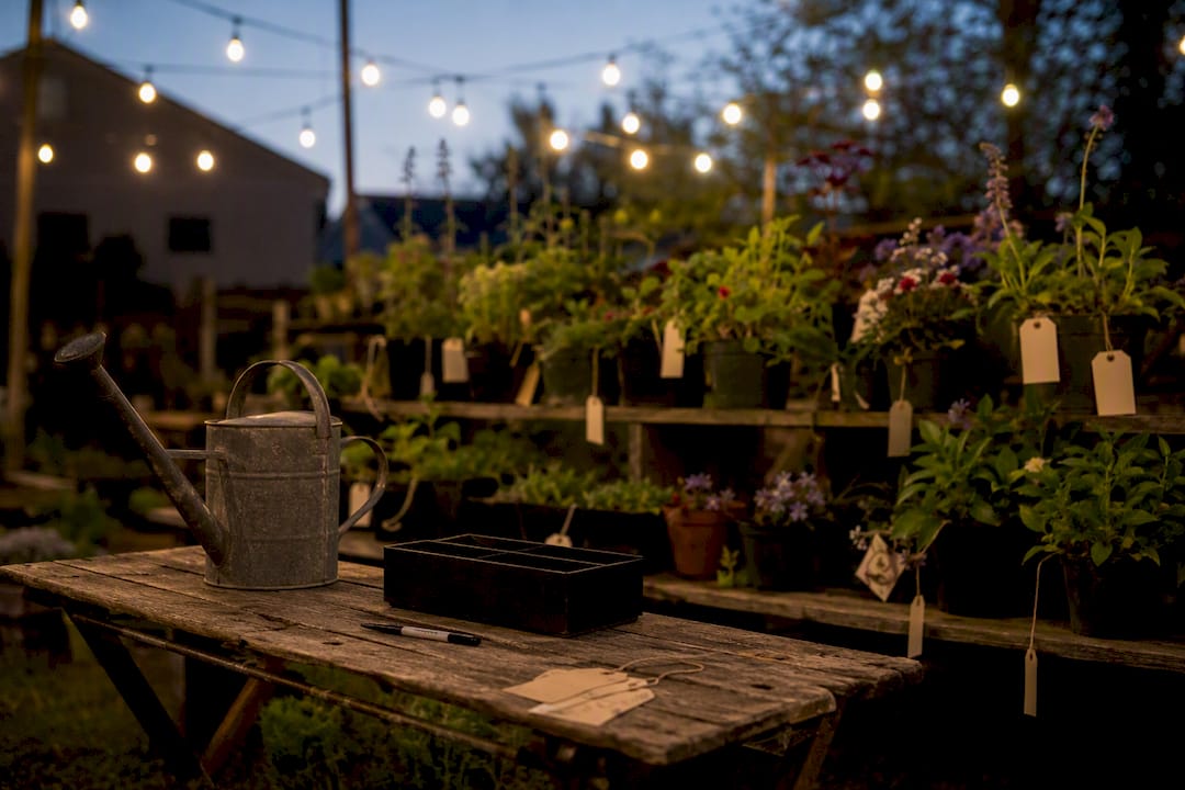 Plant selling supplies and potted plants setup