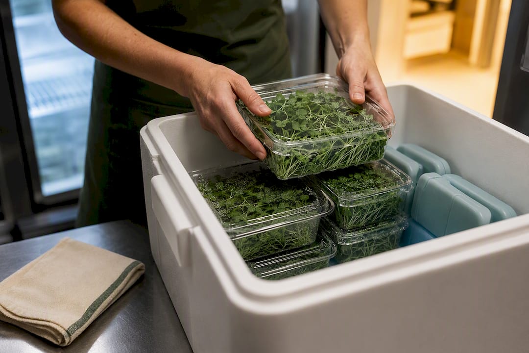 Microgreens packed in cooler with ice packs