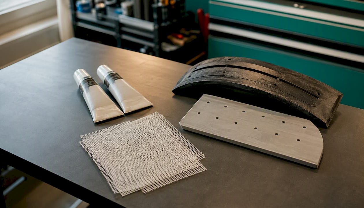 Materiales para reparar parachoques de plástico sobre la mesa