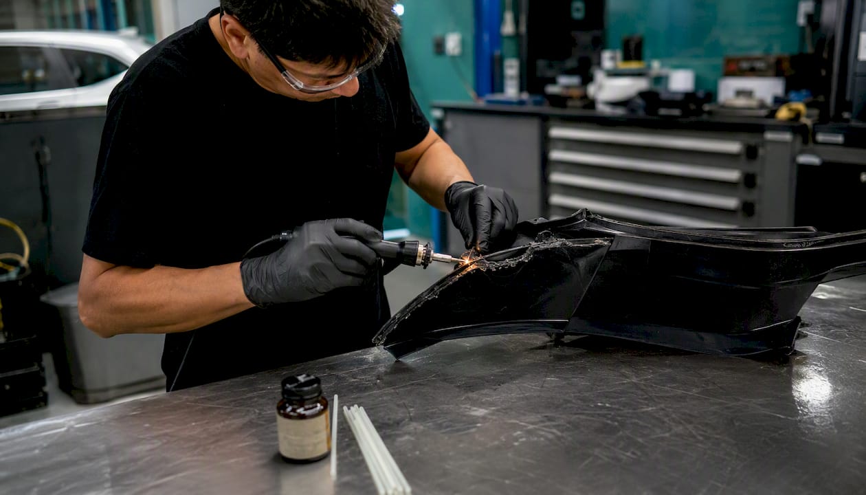 Manos reparando un parachoques con soldadura plástica