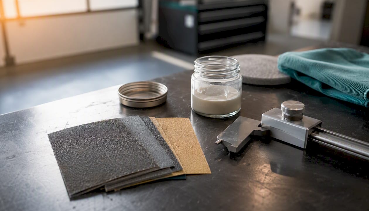 Herramientas para mezclar pinturas y aditivos sobre la mesa de trabajo