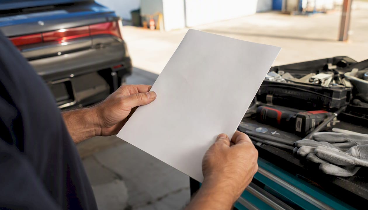 Technician holding auto repair estimate in shop