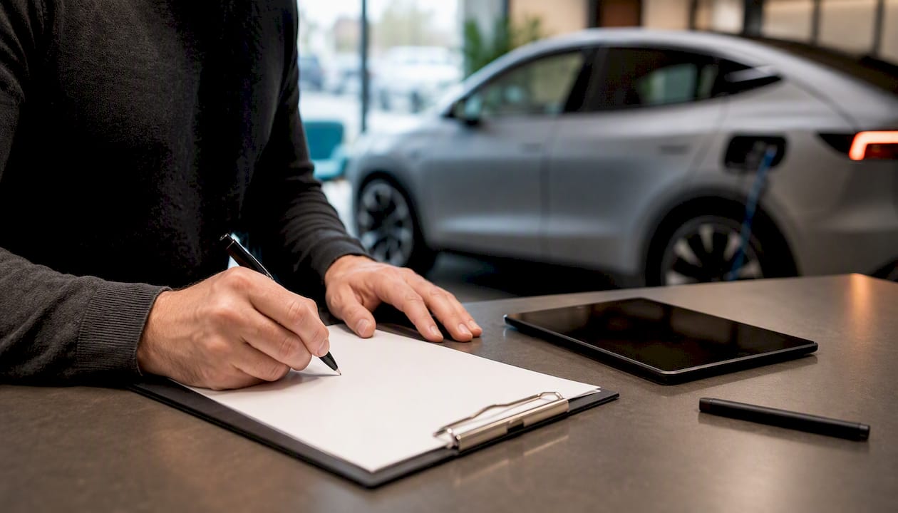 Hands signing anonymous loan forms at repair shop