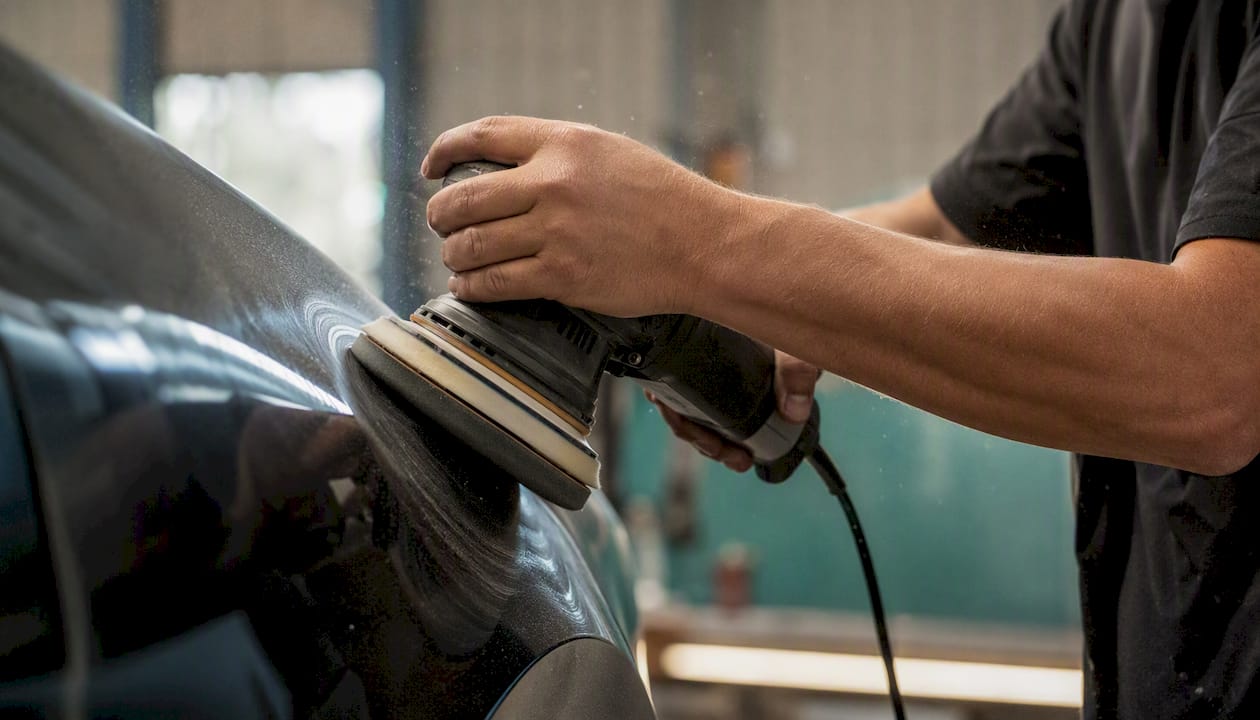 Un técnico está puliendo la capa de barniz de un coche para dejar la pintura impecable.