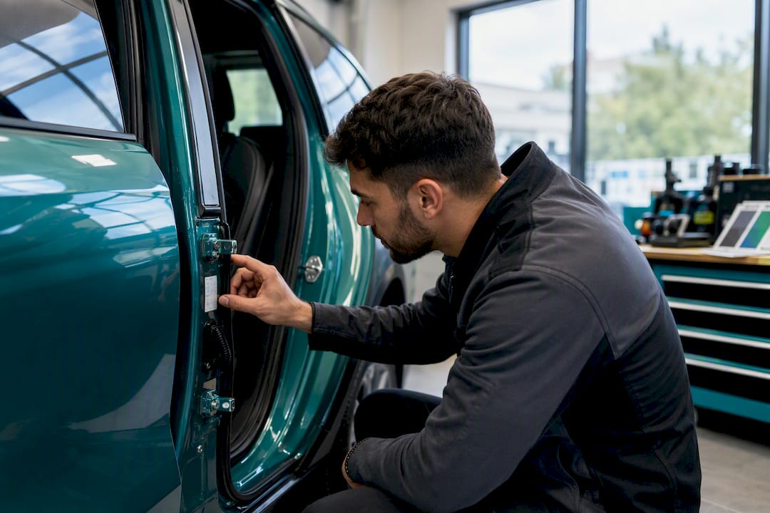 Technician examining car door jamb for paint code