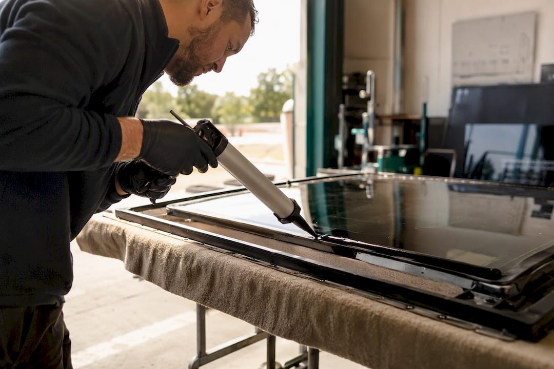 Technician applying adhesive to glass roof panel