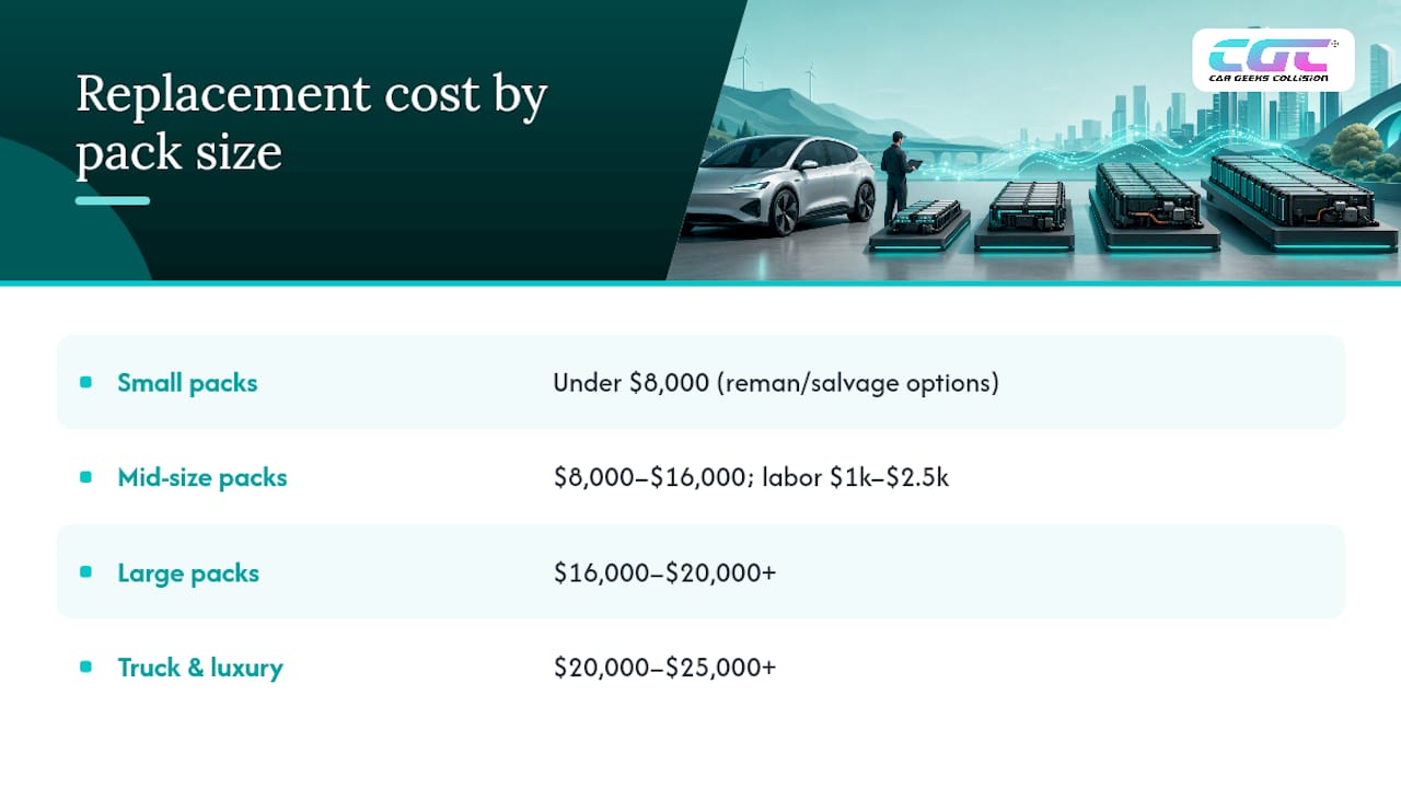 Diagram comparing EV battery replacement costs by pack size