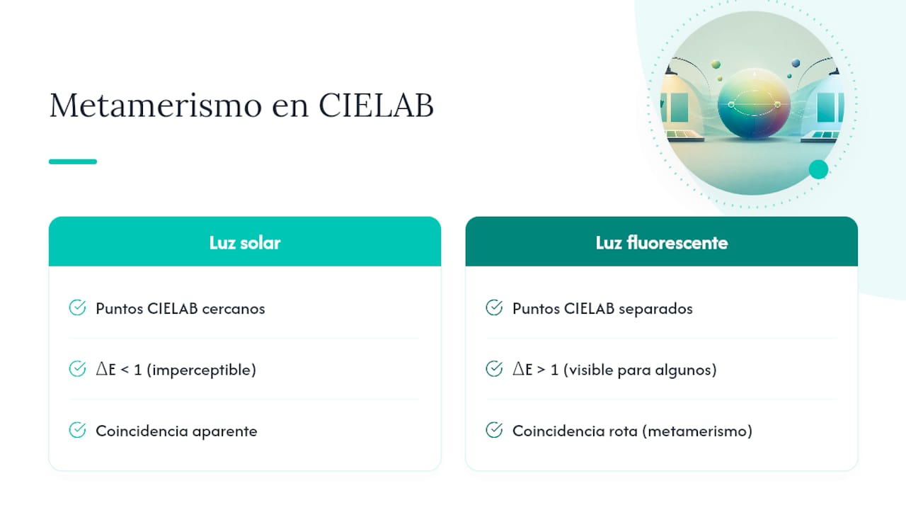 Diagrama que muestra el ΔE y el metamerismo en la comparación de colores