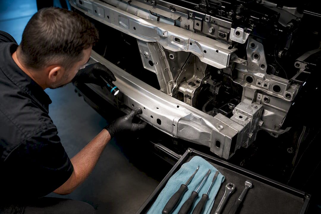 Technician examining exposed collision damage