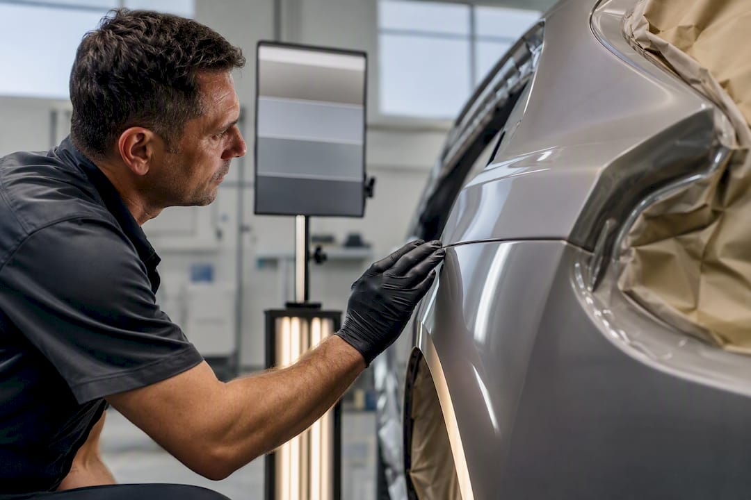 Technician inspecting refinished body panel