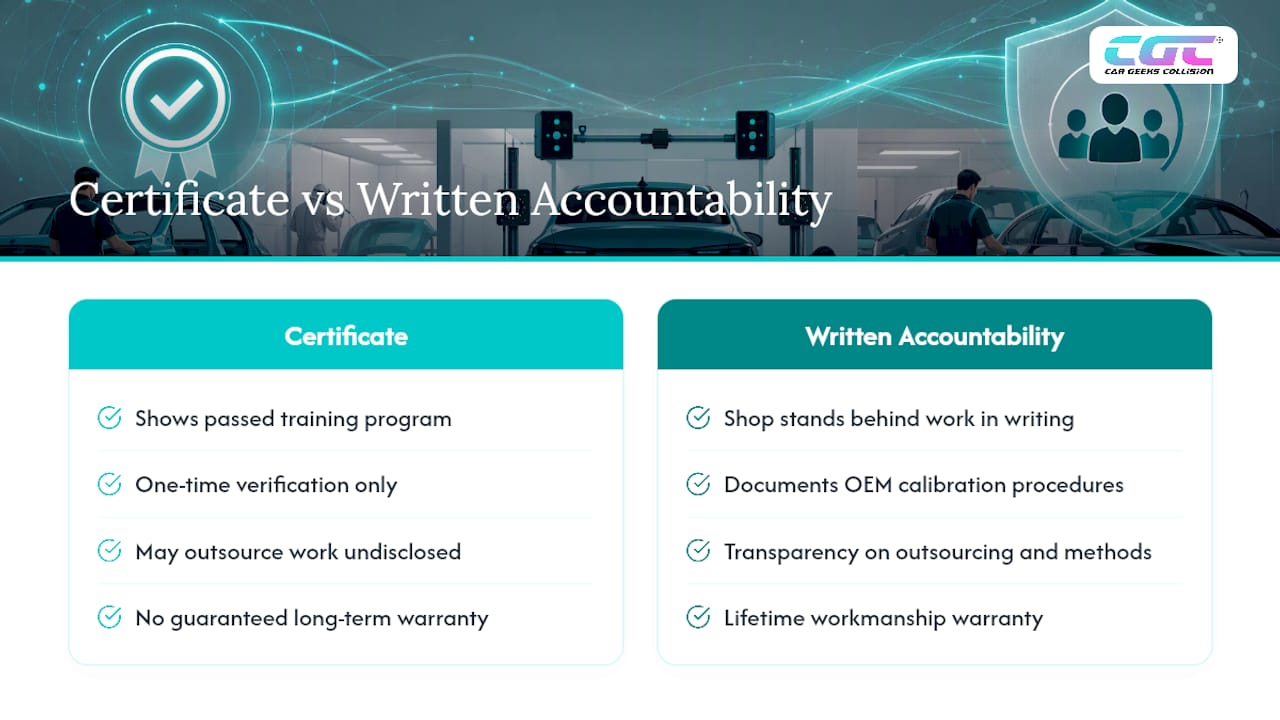 Repair certification and warranty accountability comparison