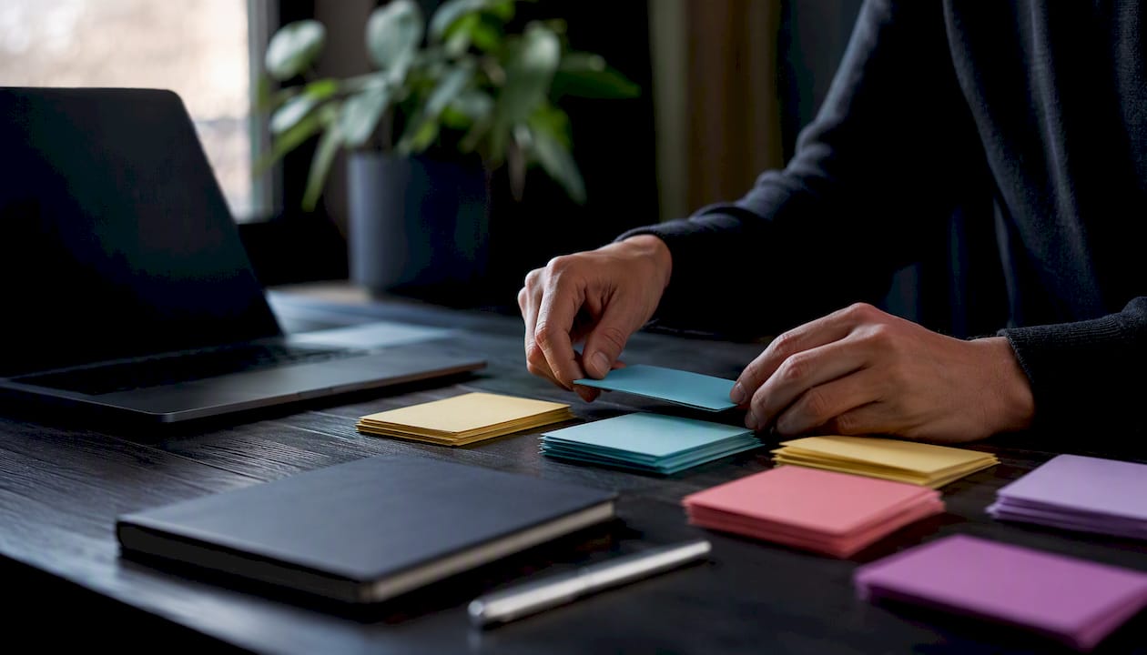Hands organizing story inventory cards on desk