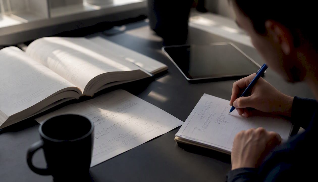 Hands annotating financial models on desk