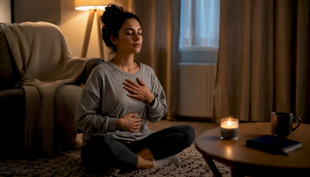 Candidate practicing calming breathing exercise