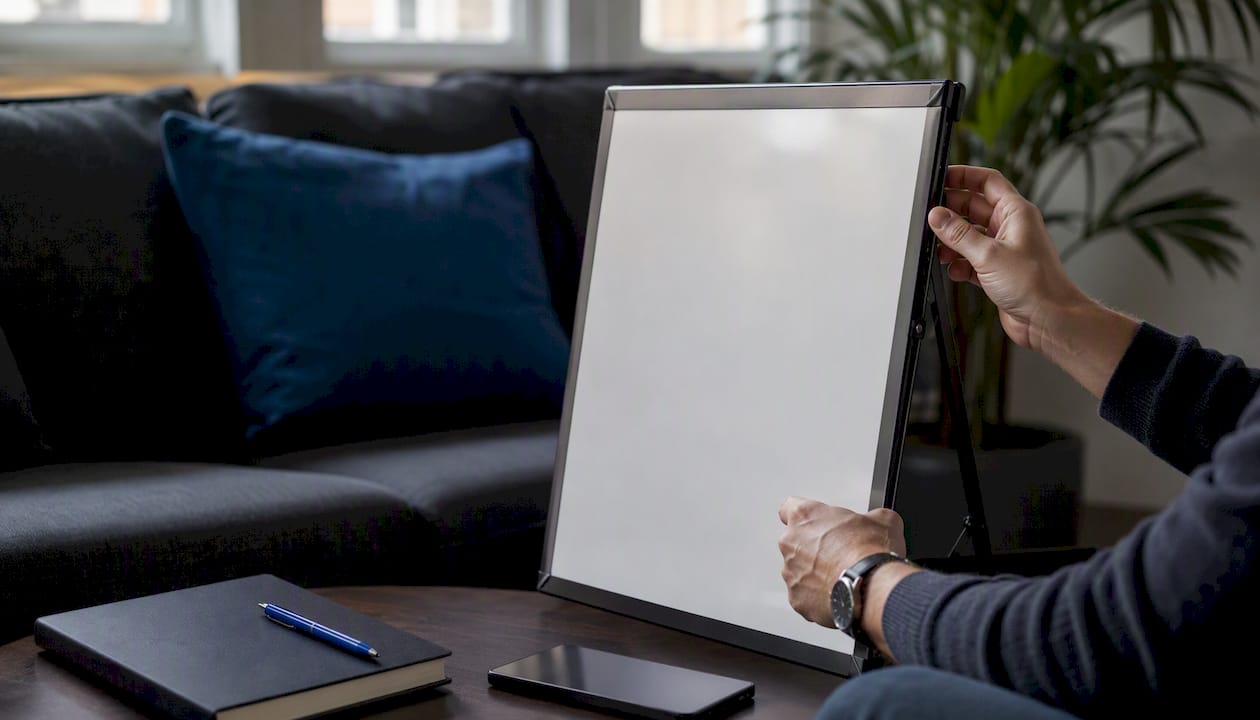 Hand adjusting interview pitch notes on desk