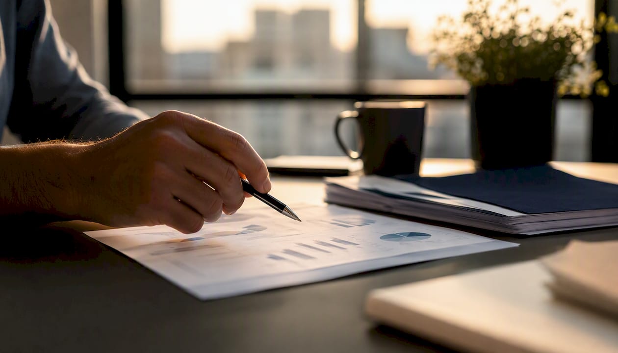 Hand adjusting financial reports on desk