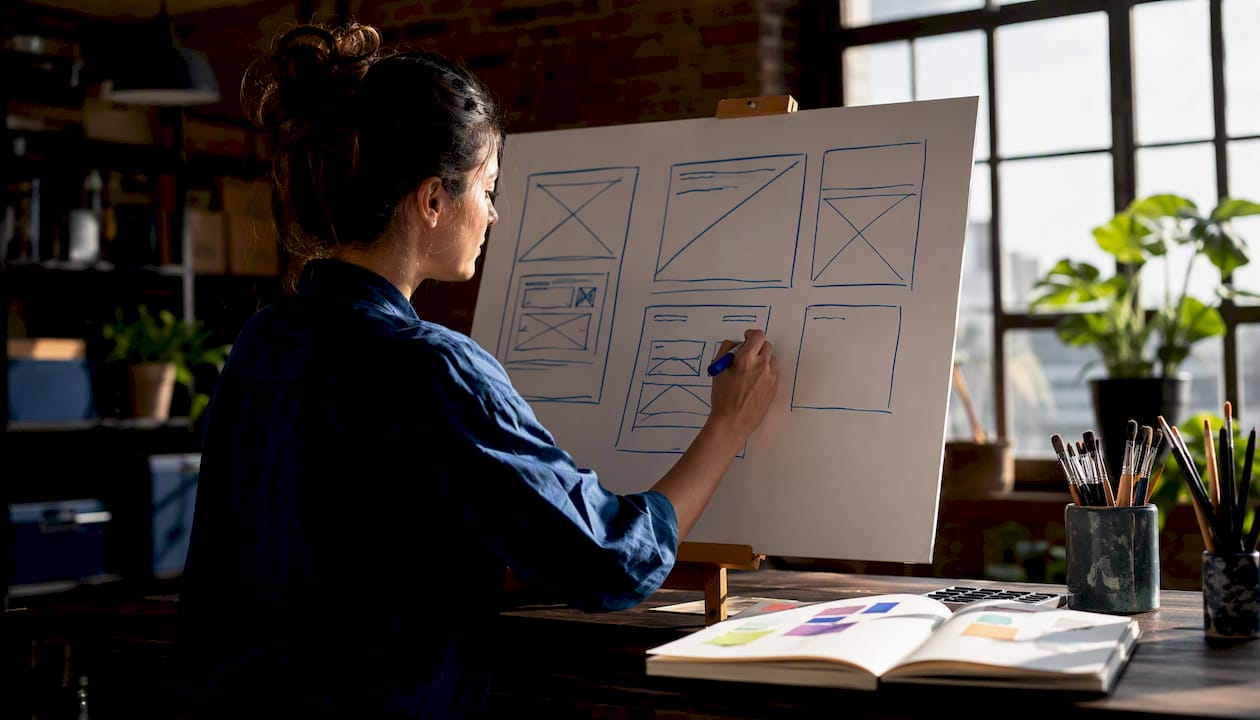Hands sketching e-learning design diagrams