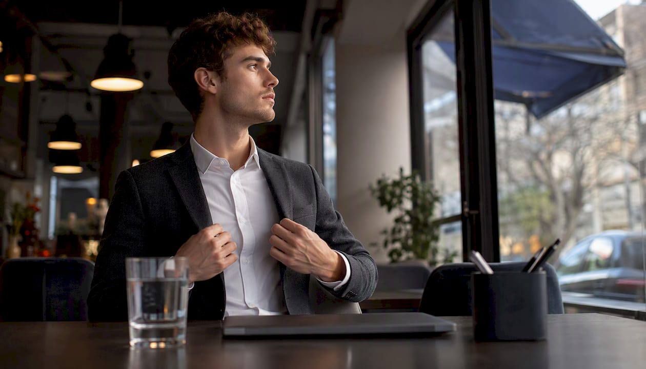 Young professional with confident posture in interview room