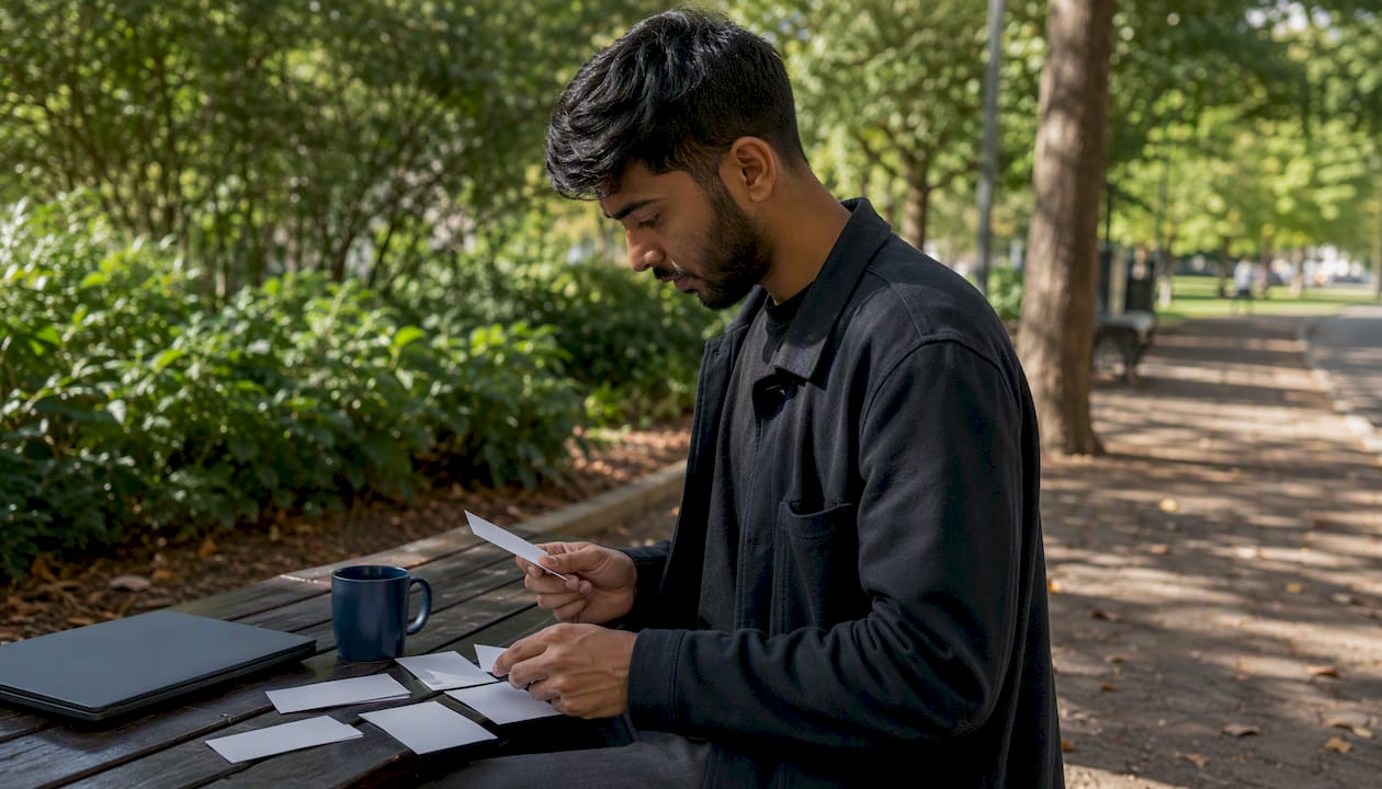 Candidate organizing note cards for interview preparation