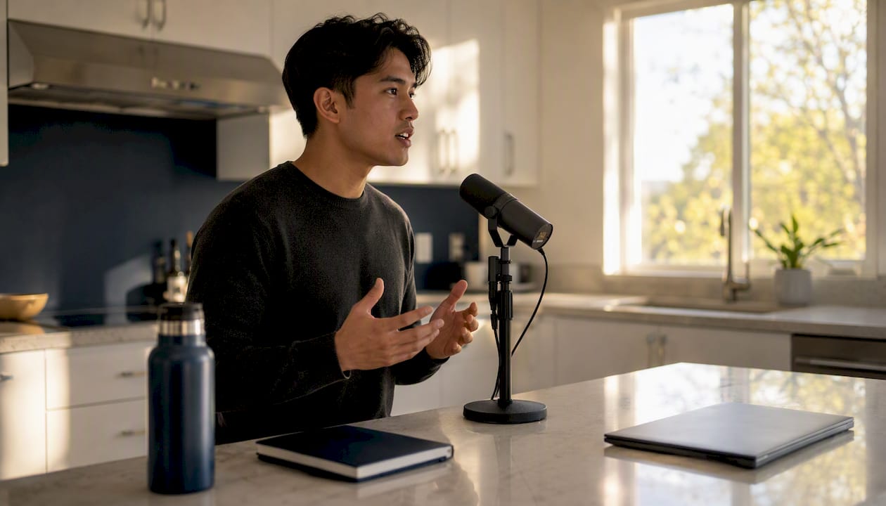 Candidate speaking into microphone for practice interview