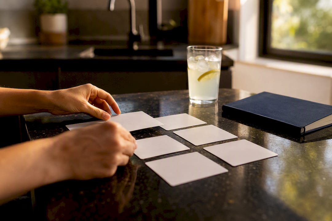 Hands adjusting interview answer cards on desk